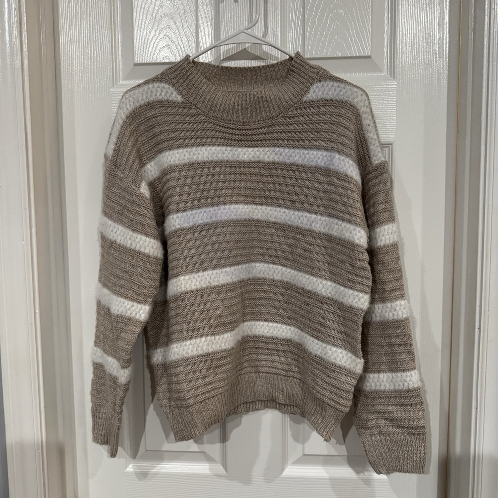 New AndTheWhy S/M Pullover Sweater Beige White Stripes Soft Fuzzy Knit Cozy Fall